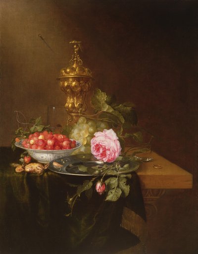 Stilleven met een Kom Aardbeien en een Roos, 1652 door Pieter de Ring